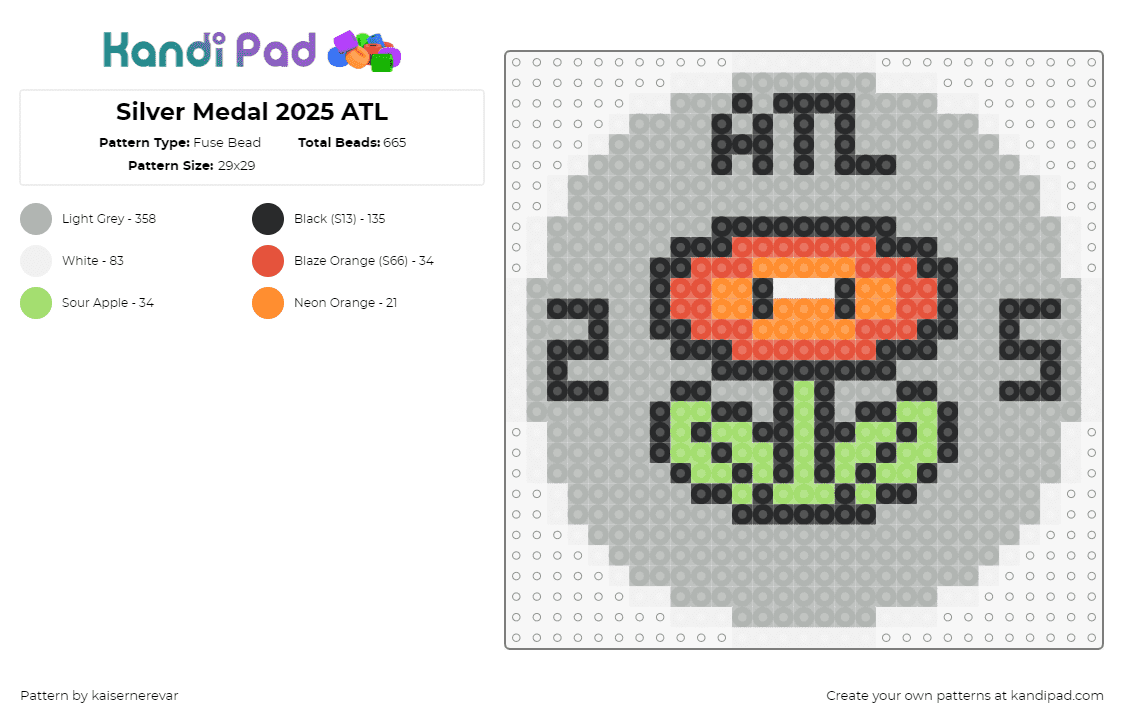 Silver Medal 2025 ATL - Fuse Bead Pattern by kaisernerevar on Kandi Pad - medal,silver,fireflower,mario,nintendo,video game,gray,orange,green