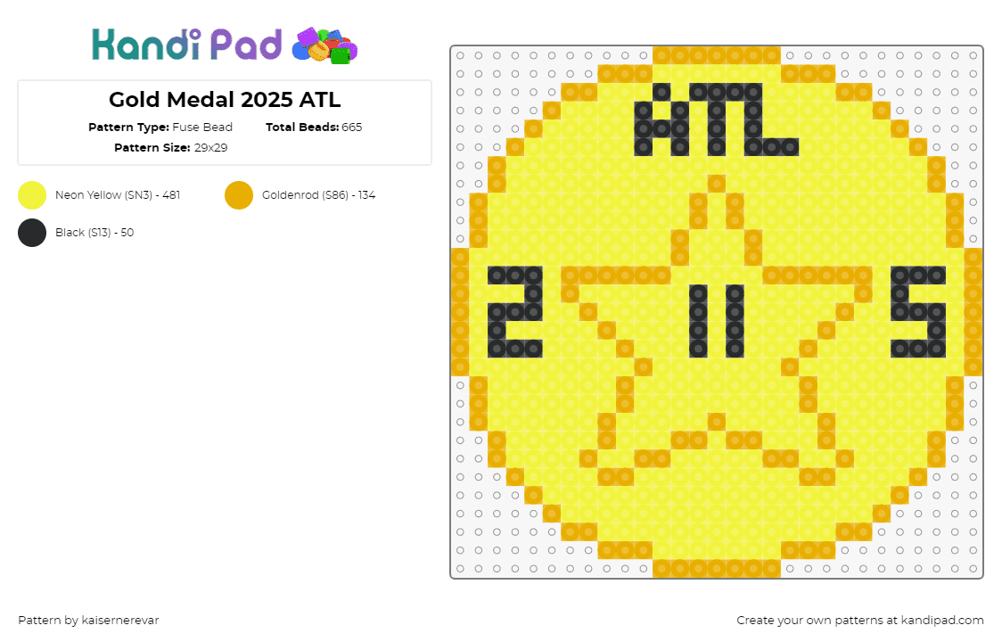 Gold Medal 2025 ATL - Fuse Bead Pattern by kaisernerevar on Kandi Pad - medal,gold,star,mario,nintendo,video game,yellow