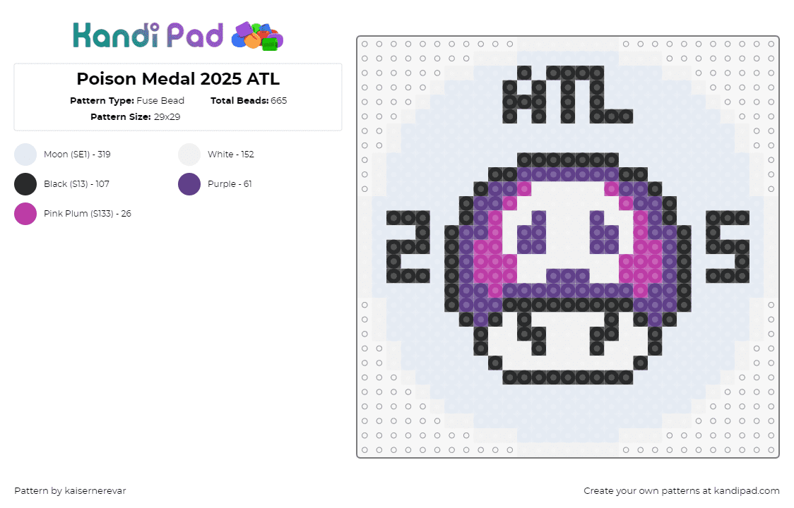 Poison Medal 2025 ATL - Fuse Bead Pattern by kaisernerevar on Kandi Pad - medal,poison,mushroom,mario,nintendo,video game,purple,white