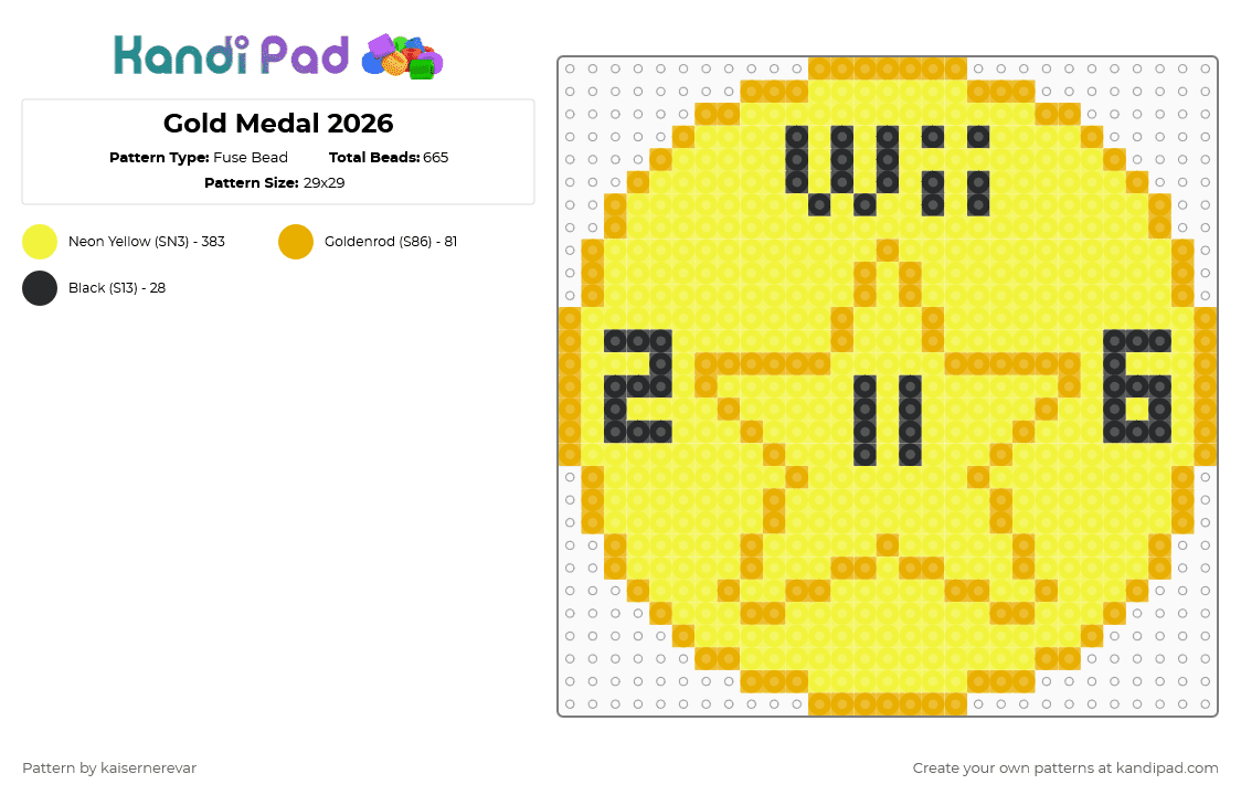 Gold Medal 2026 - Fuse Bead Pattern by kaisernerevar on Kandi Pad - yellow