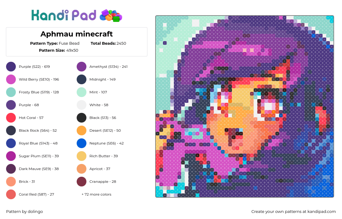 Aphmau minecraft - Fuse Bead Pattern by dolingo on Kandi Pad - aphmau,streamer,youtube,minecraft,portrait,purple,orange,teal