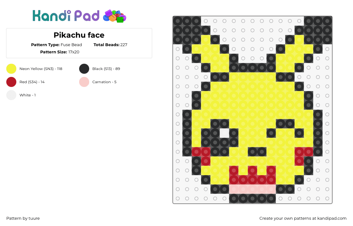 Pikachu face - Fuse Bead Pattern by tuure on Kandi Pad - pikachu,pokemon,character,gaming,yellow