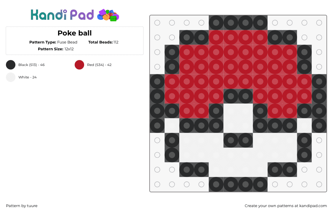 Poke ball - Fuse Bead Pattern by tuure on Kandi Pad - pokeball,pokemon,gaming,white,red