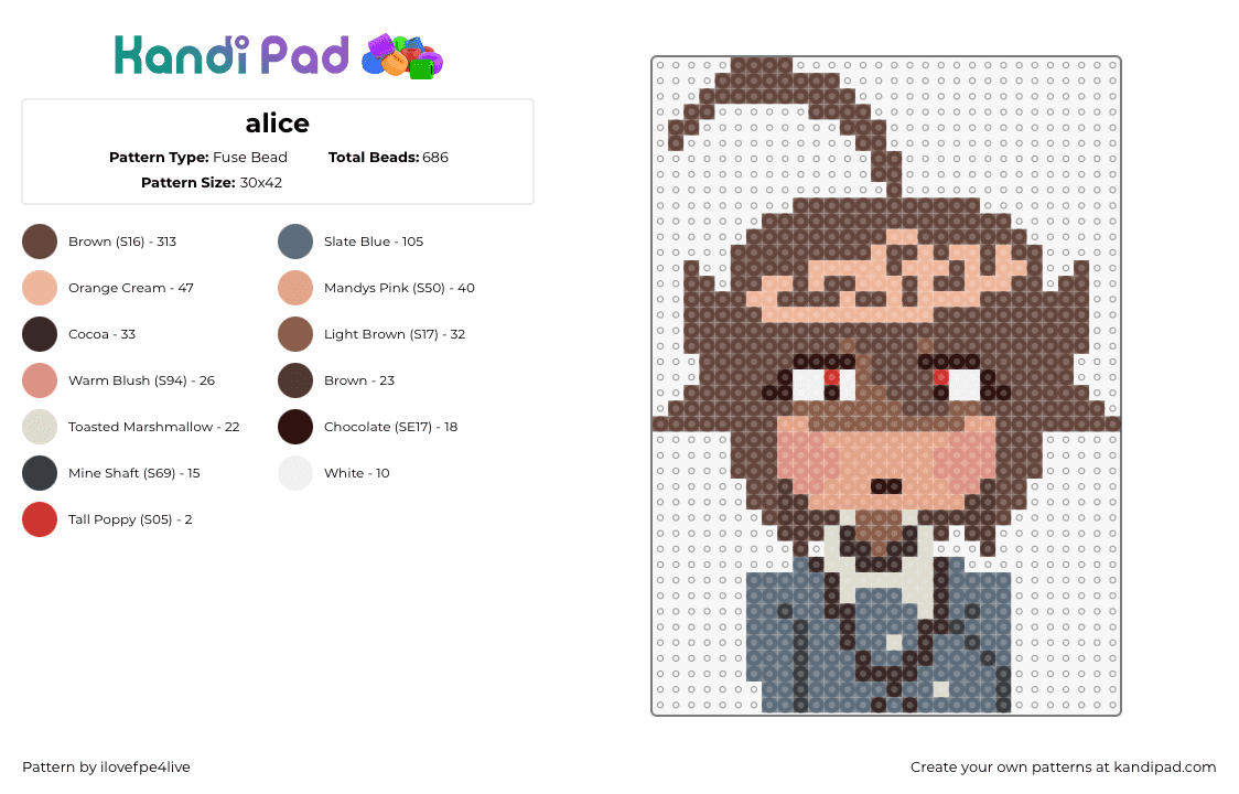 alice - Fuse Bead Pattern by ilovefpe4live on Kandi Pad - alice,fundamental paper education,portrait,character,animation,tv show,brown,tan