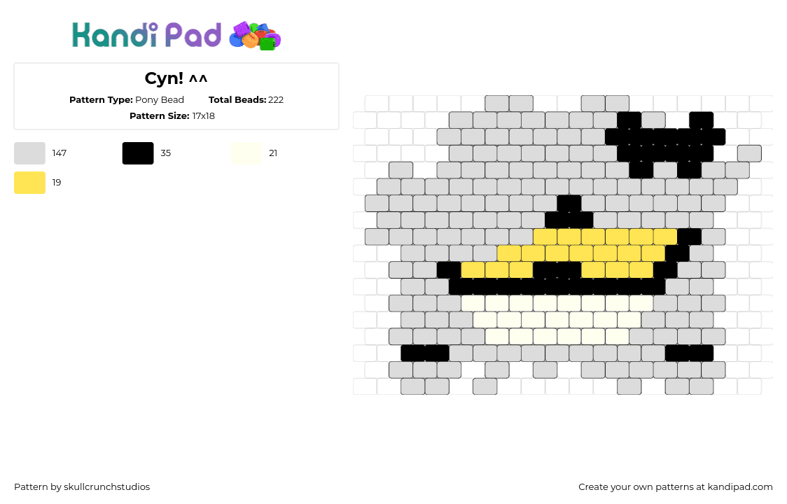 Cyn! ^^ - Pony Bead Pattern by skullcrunchstudios on Kandi Pad - cyn,murder drones,character,head,charm,animation,tv show,gray,yellow