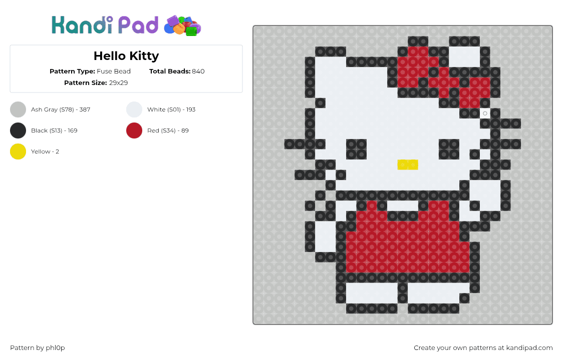 Hello Kitty - Fuse Bead Pattern by phl0p on Kandi Pad - hello kitty,sanrio,kawaii,cute,character,white,red