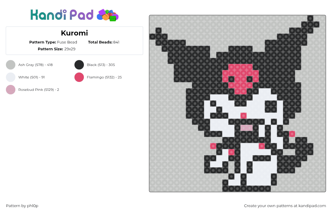 Kuromi - Fuse Bead Pattern by phl0p on Kandi Pad - kuromi,sanrio,kawaii,character,black,white,gray