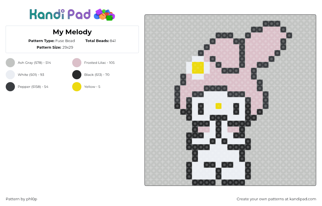 My Melody - Fuse Bead Pattern by phl0p on Kandi Pad - my melody,sanrio,kawaii,character,cute,white,pink,gray