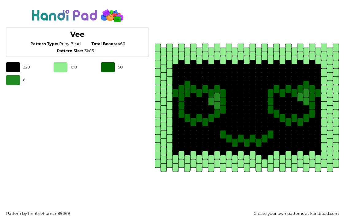 Vee - Pony Bead Pattern by finnthehuman89069 on Kandi Pad - vee,dandys world,face,character,video game,green,black