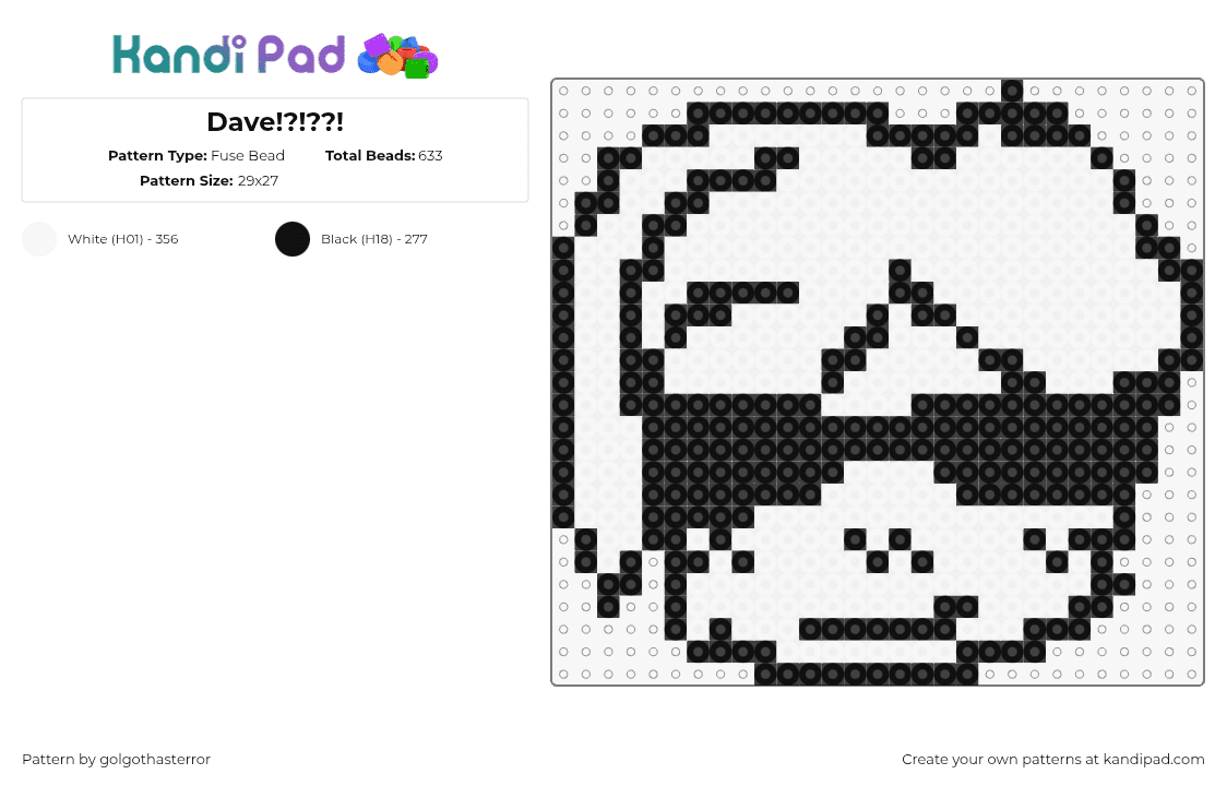 Dave!?!??! - Fuse Bead Pattern by golgothasterror on Kandi Pad - dave,fnaf,five nights at freddys,head,video game,white,black