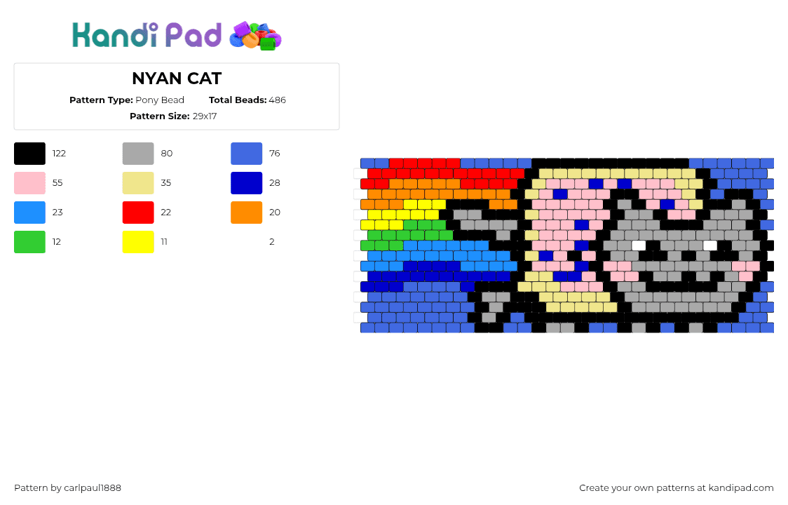 NYAN CAT - Pony Bead Pattern by carlpaul1888 on Kandi Pad - nyan cat,meme,pop tart,colorful,cuff,gray,blue,pink