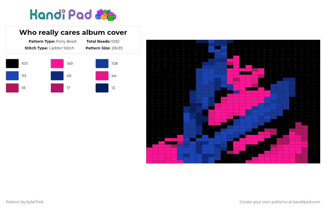 Who really cares album cover - Pony Bead Pattern by bylerfied on Kandi Pad - black,blue,pink,tv girl,album,album cover