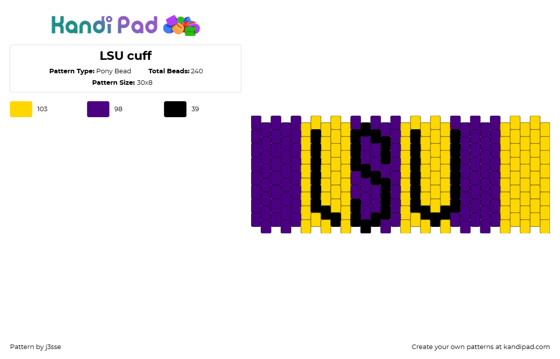 LSU cuff - Pony Bead Pattern by j3sse on Kandi Pad - purple,yellow