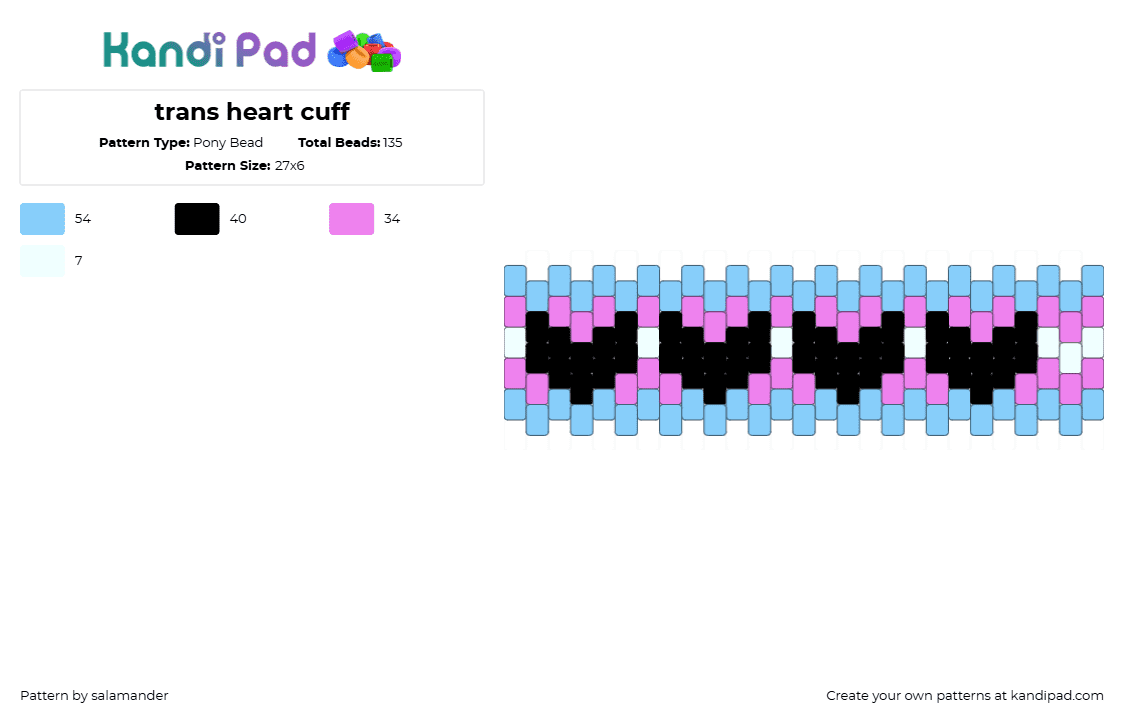 trans heart cuff - Pony Bead Pattern by j3sse on Kandi Pad - trans,pride,hearts,cuff,black,light blue,pink