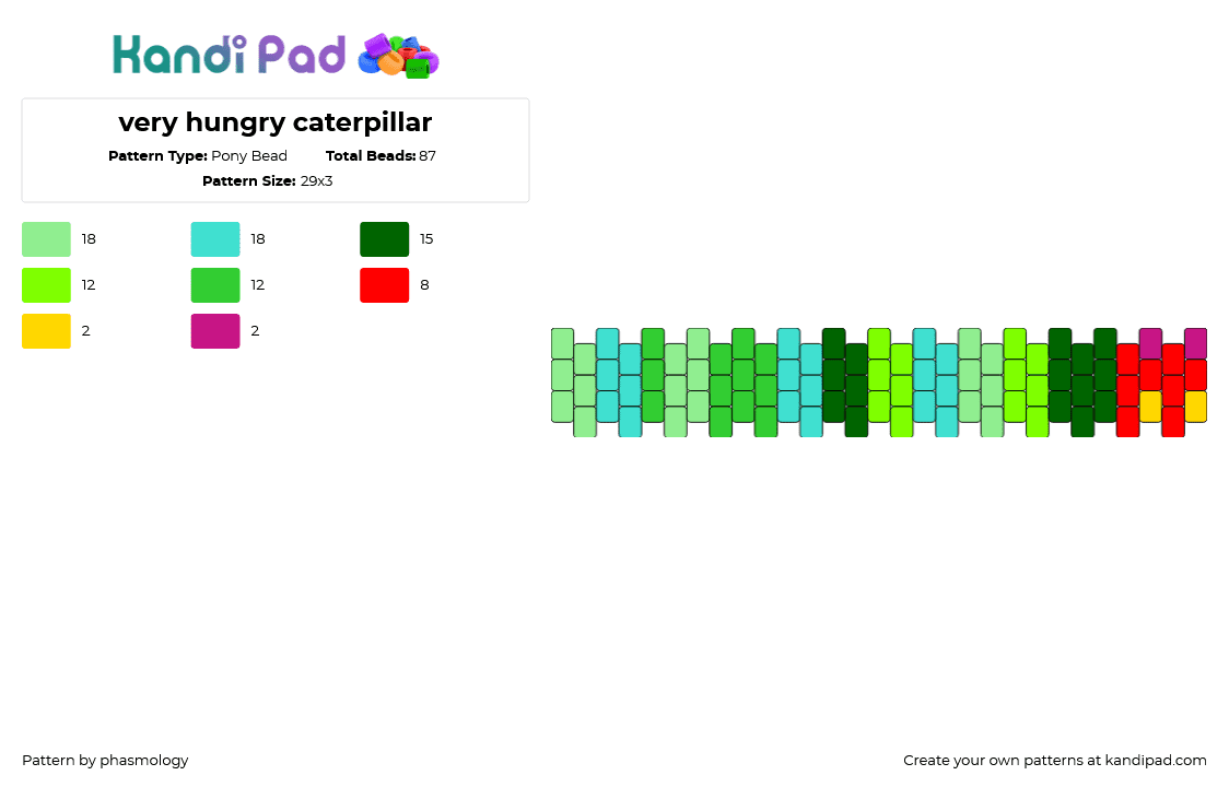 very hungry caterpillar - Pony Bead Pattern by phasmology on Kandi Pad - very hungry caterpillar,book,children,nostalgia,bracelet,cuff,green,teal,red