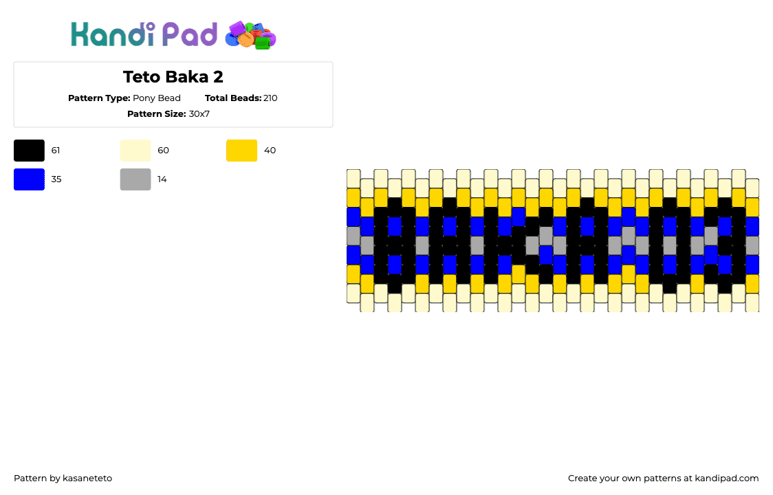 Near Baka 3 - Pony Bead Pattern by kasaneteto on Kandi Pad - baka,neru akita,vocaloid,text,music,cuff,black,blue,yellow