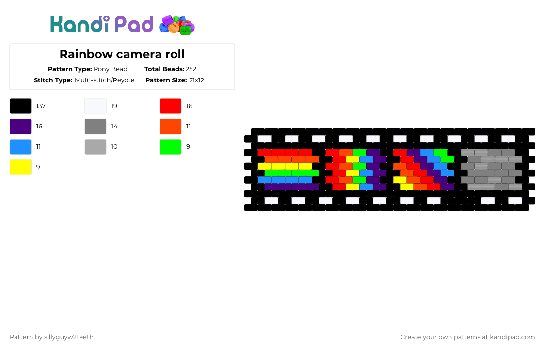 Rainbow Flim Roll - Pony Bead Pattern by sillyguyw2teeth on Kandi Pad - film strip,black,red,purple,gray