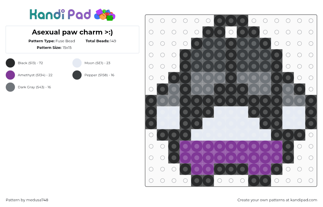 Asexual paw charm >:) - Fuse Bead Pattern by medusa748 on Kandi Pad - asexual,paw,pride,charm,black,gray,purple