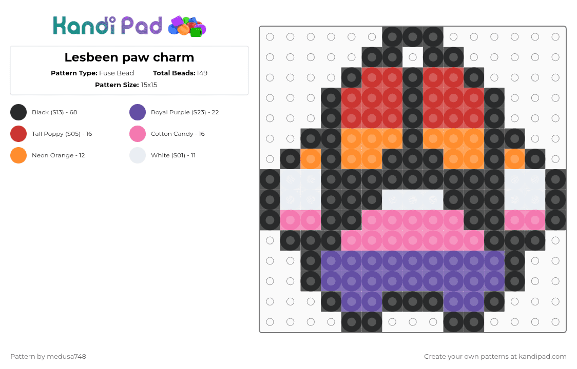Lesbeen paw charm - Fuse Bead Pattern by medusa748 on Kandi Pad - black,red,pink,purple