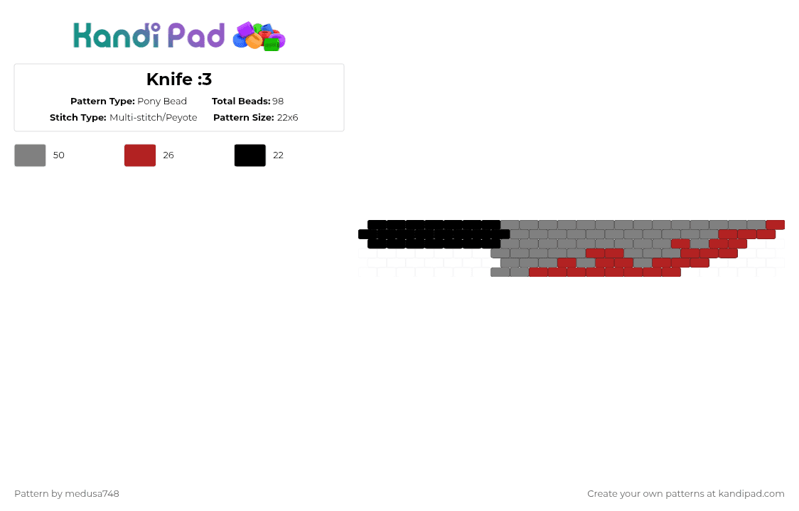 Knife :3 - Pony Bead Pattern by medusa748 on Kandi Pad - gray,red
