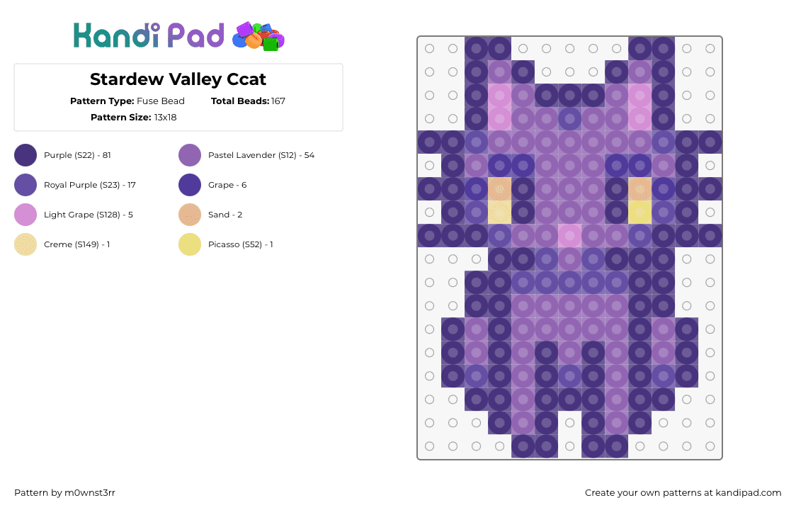 Stardew Valley Ccat - Fuse Bead Pattern by m0wnst3rr on Kandi Pad - cat,stardew valley,animal,video game,purple