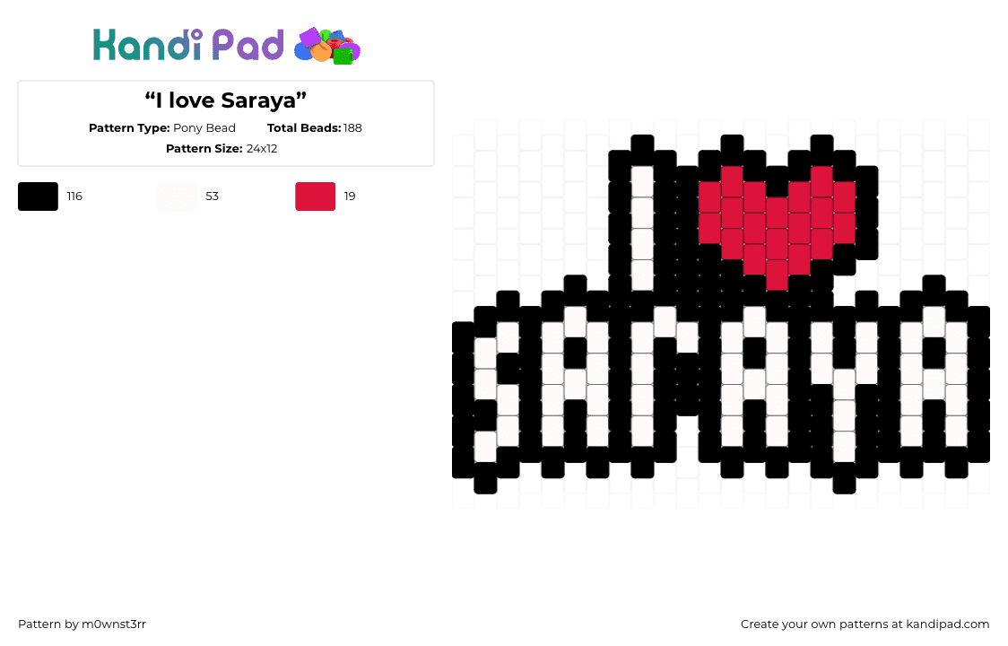 “I love Saraya” - Pony Bead Pattern by m0wnst3rr on Kandi Pad - saraya,love,text,sign,heart,black,white,red