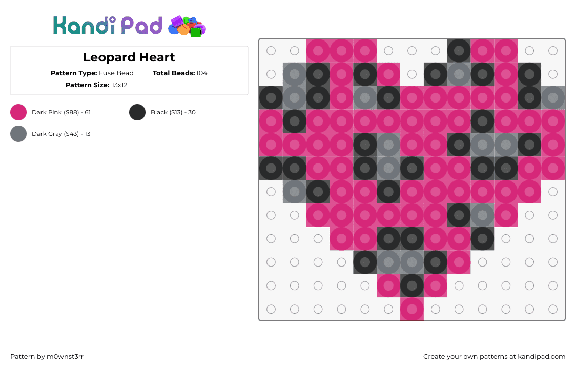 Leopard Heart - Fuse Bead Pattern by m0wnst3rr on Kandi Pad - heart,leopard,animal print,spots,valentine,charm,love,pink,gray