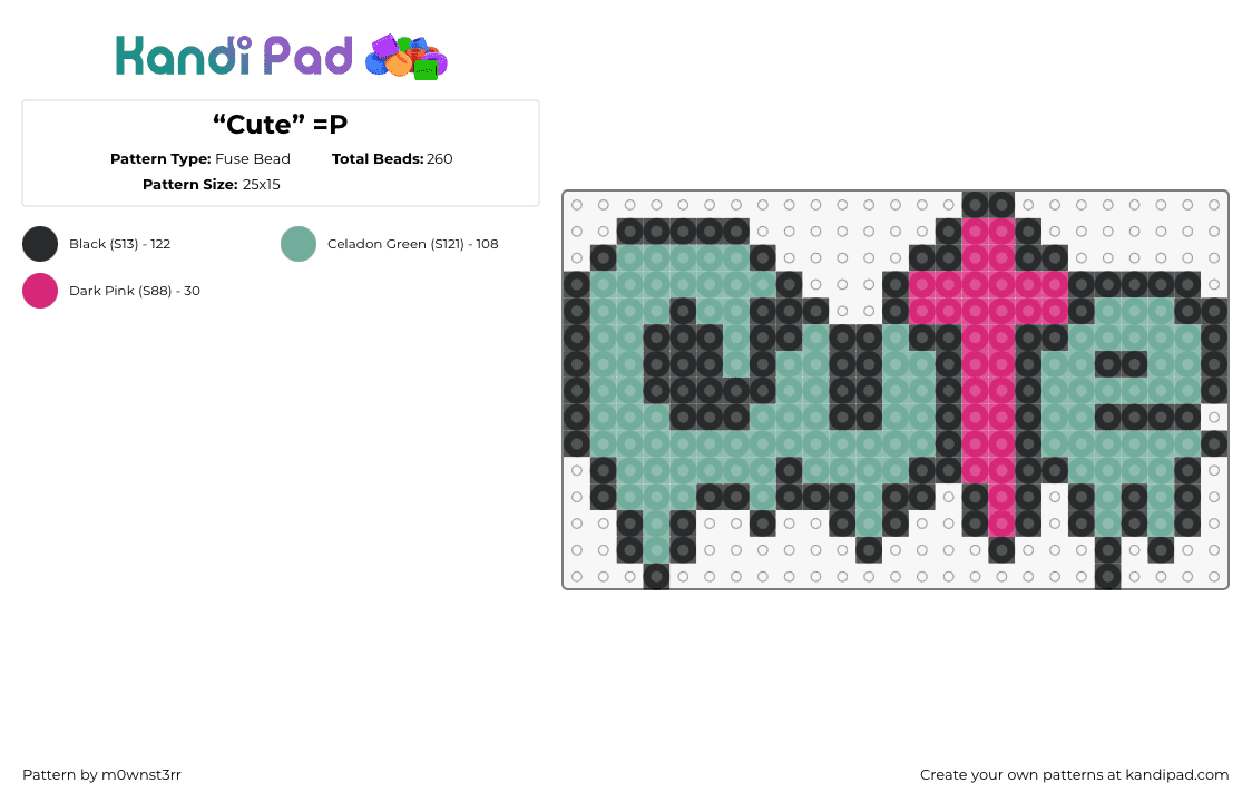 “Cute” =P - Fuse Bead Pattern by m0wnst3rr on Kandi Pad - cute,graffiti,text,drippy,charm,green,pink