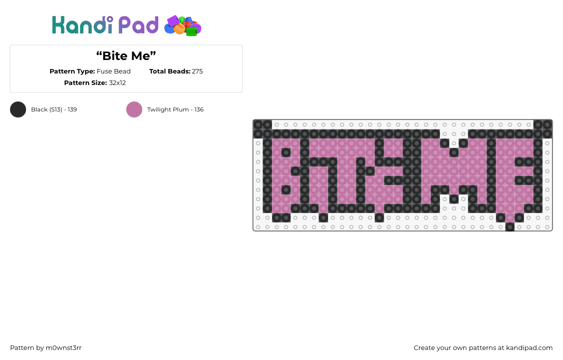 “Bite Me” - Fuse Bead Pattern by m0wnst3rr on Kandi Pad - bite me,graffiti,text,simple,pink