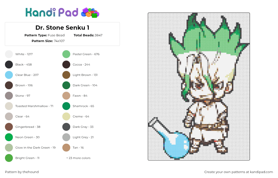 Dr. Stone Senku 1 - Fuse Bead Pattern by thehound on Kandi Pad - senku ishigami,dr stone,beaker,character,manga,light blue,white,green