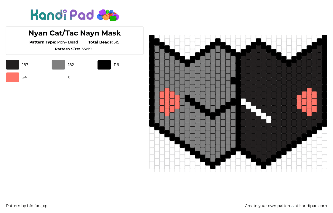 Nyan Cat/Tac Nayn Mask - Pony Bead Pattern by bfdifan_xp on Kandi Pad - nyan cat,tac nayn,meme,mouth,mask,gray,black