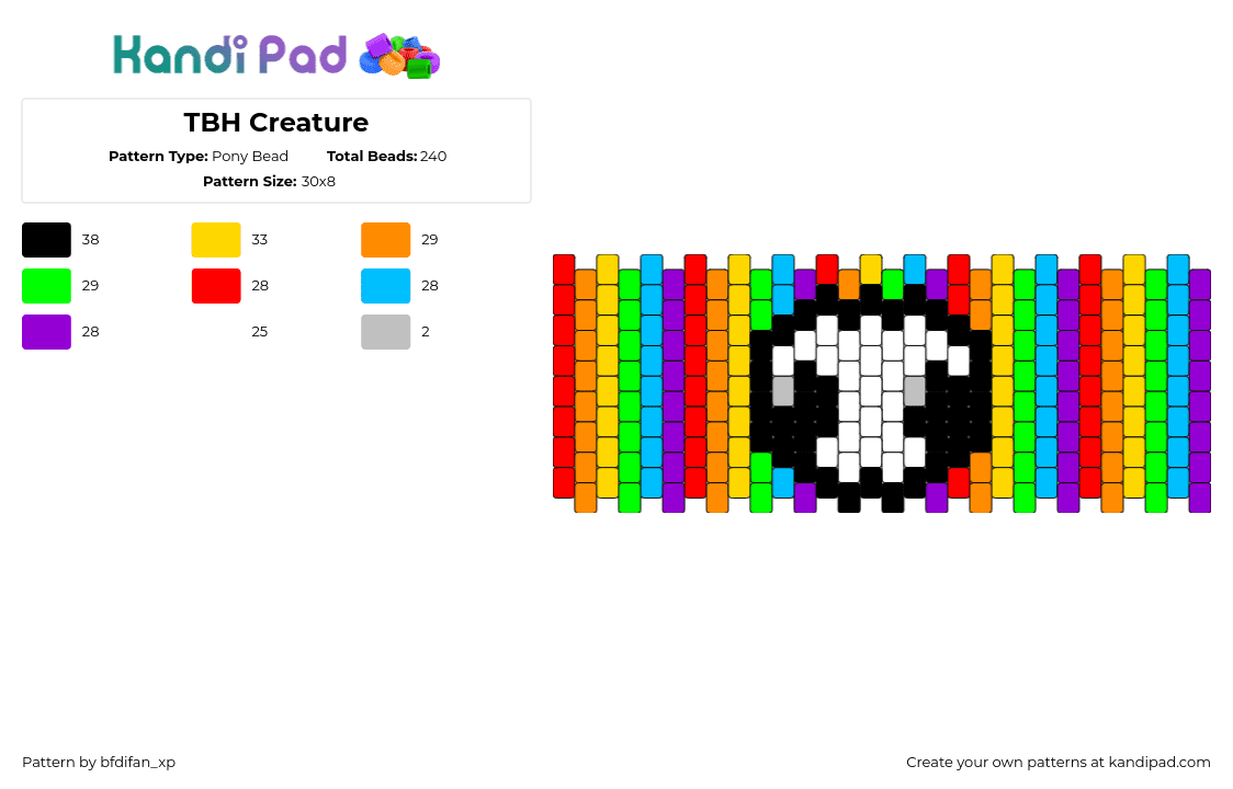 TBH Creature Cuff (◕_◕) - Pony Bead Pattern by bfdifan_xp on Kandi Pad - tbh,yippee,autism,rainbow,vertical,stripes,cuff,white,purple,orange