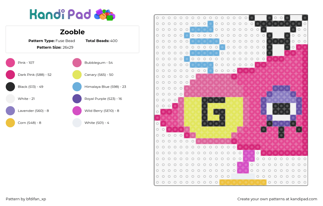 Zooble - Fuse Bead Pattern by bfdifan_xp on Kandi Pad - zooble,amazing digital circus,portrait,character,head,animation,tv show,pink,yellow