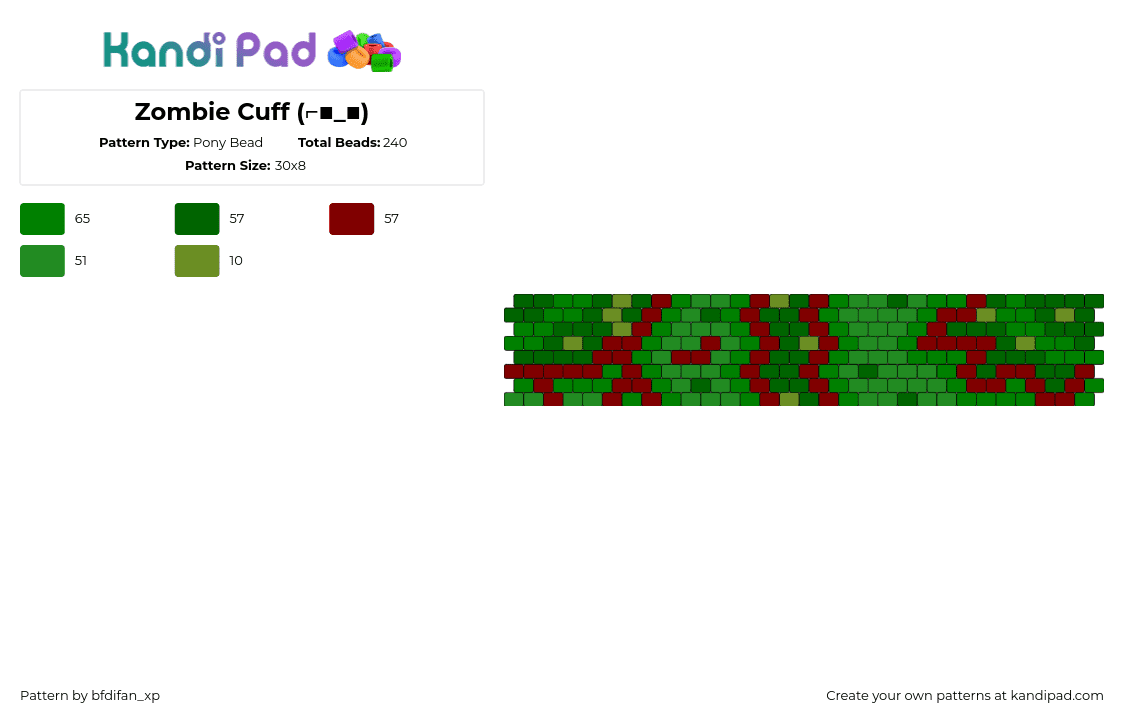 Zombie Cuff (⌐■_■) - Pony Bead Pattern by bfdifan_xp on Kandi Pad - zombie,blood,horror,halloween,cuff,spooky,green,red