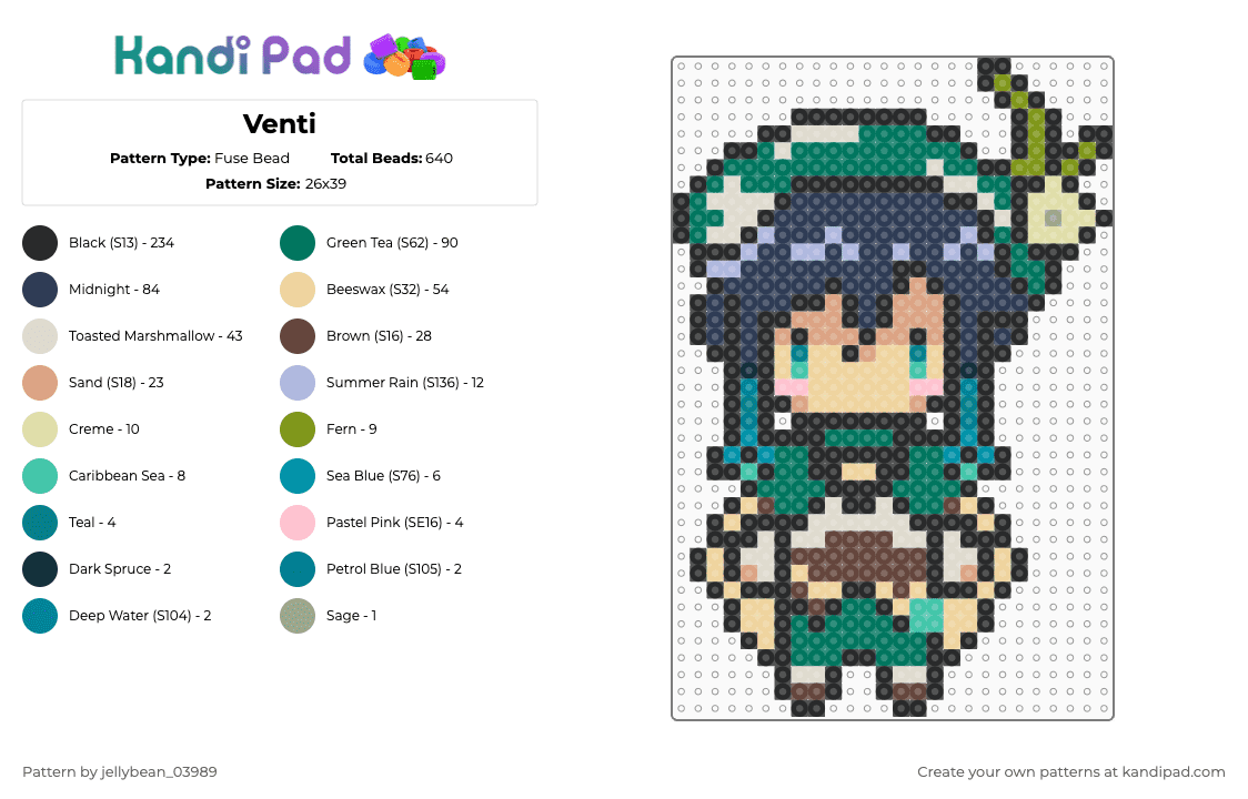 Venti - Fuse Bead Pattern by jellybean_03989 on Kandi Pad - black,teal,beige,purple