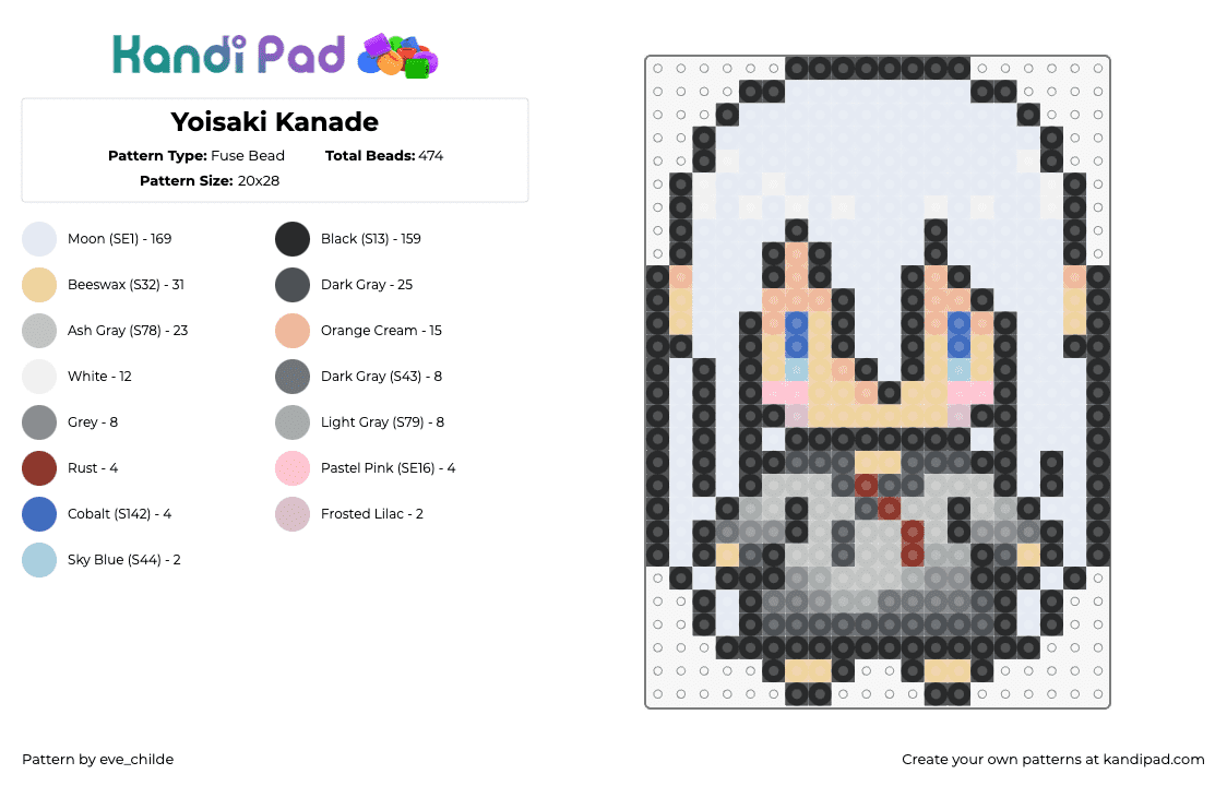 Yoisaki Kanade - Fuse Bead Pattern by eve_childe on Kandi Pad - kanade yoisaki,vocaloid,project sekai,music,character,chibi,white,gray