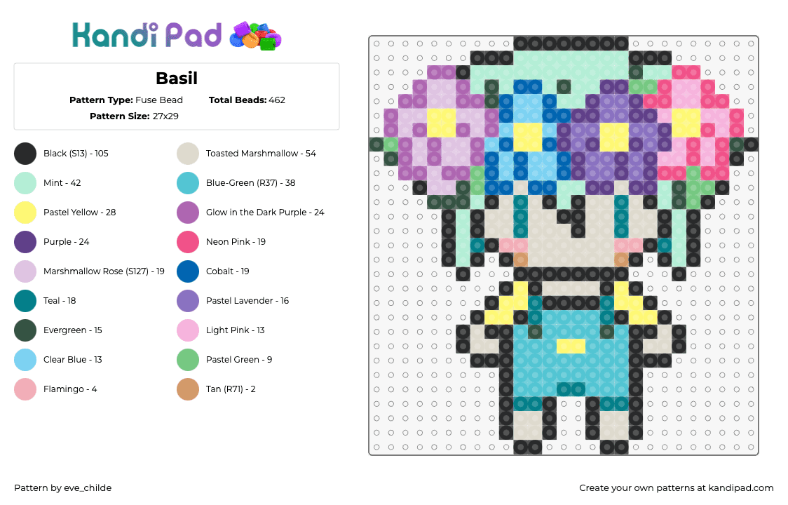 Basil - Fuse Bead Pattern by eve_childe on Kandi Pad - basil,omori,chibi,character,video game,colorful,pastel,flowers,teal,green,purple