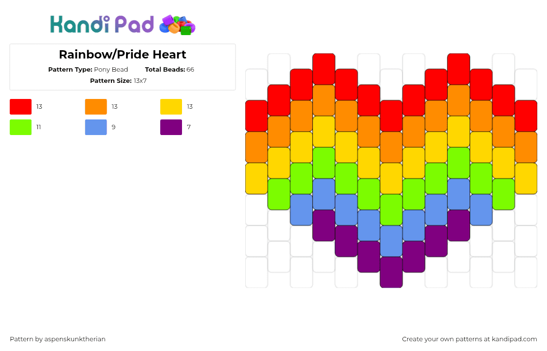 Rainbow/Pride Heart - Pony Bead Pattern by aspenskunktherian on Kandi Pad - heart,rainbow,pride,charm