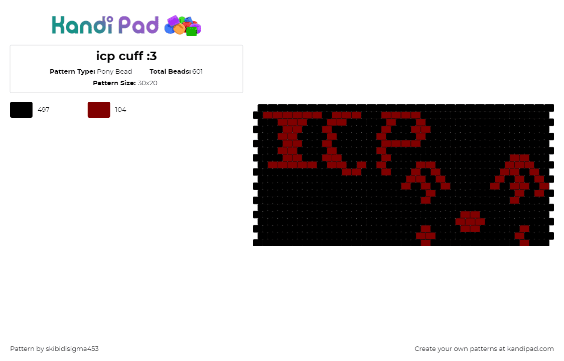 icp cuff :3 - Pony Bead Pattern by skibidisigma453 on Kandi Pad - icp,insane clown posse,text,cuff,music,rap,black,red