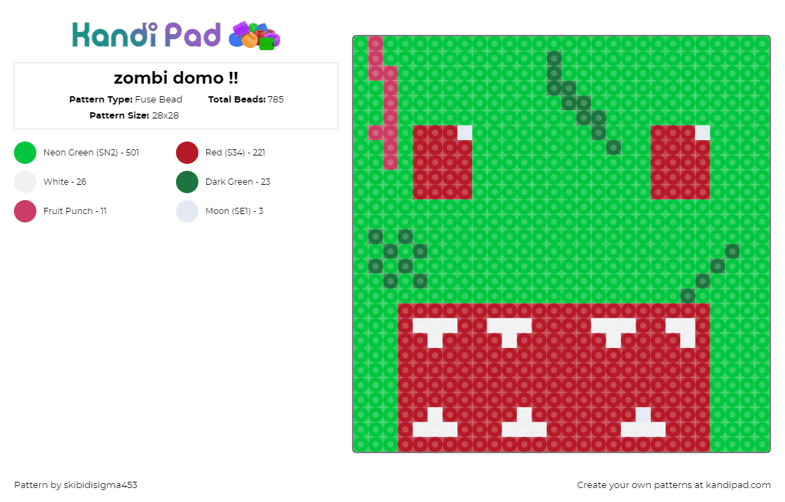 zombi domo !! - Fuse Bead Pattern by skibidisigma453 on Kandi Pad - zombie,domo,mouth,head,spooky,halloween,green,red