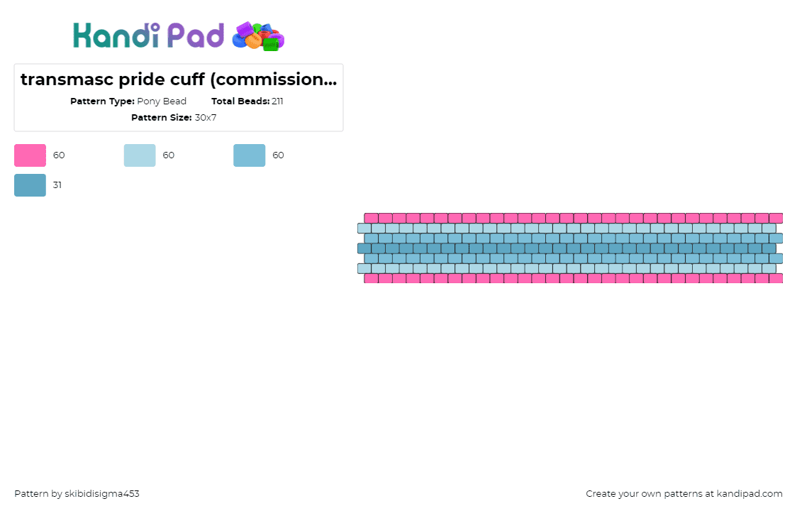 transmasc pride cuff (commission :3) - Pony Bead Pattern by skibidisigma453 on Kandi Pad - transmasculine,pride,cuff,pink,light blue