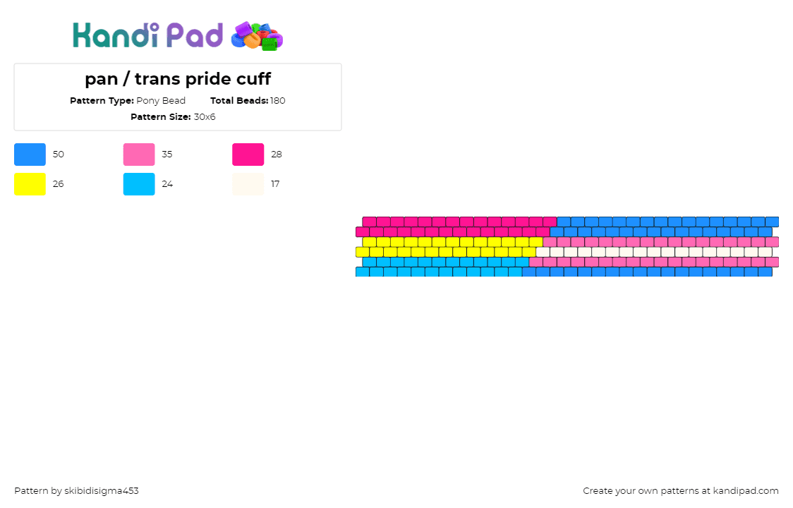 pan / trans pride cuff - Pony Bead Pattern by skibidisigma453 on Kandi Pad - pansexual,trans,pride,cuff,light blue,yellow,pink