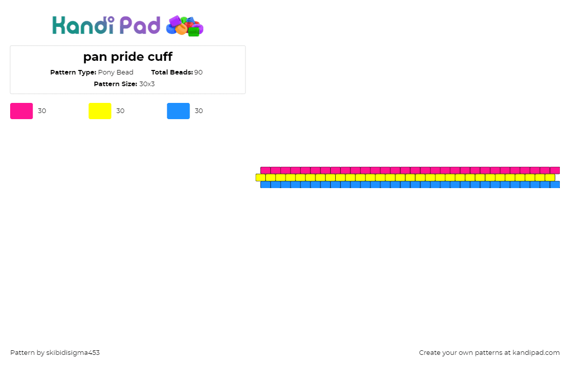 pan pride cuff - Pony Bead Pattern by skibidisigma453 on Kandi Pad - pansexual,pride,bracelet,cuff,light blue,yellow,pink