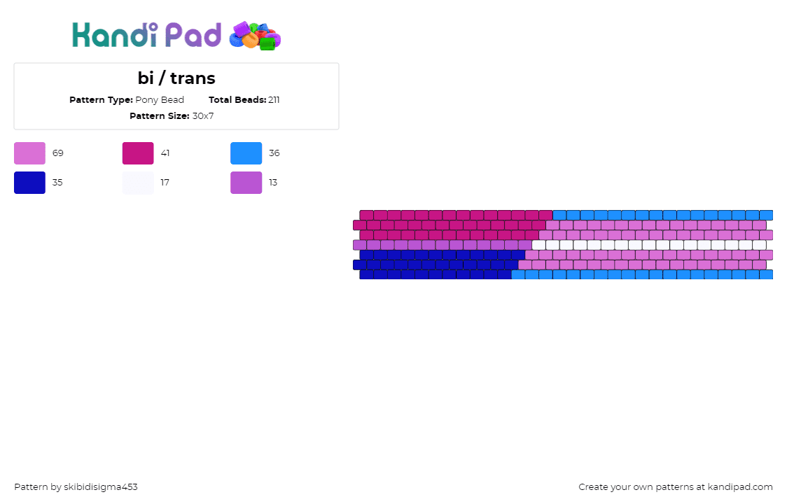 bi / trans - Pony Bead Pattern by skibidisigma453 on Kandi Pad - bisexual,trans,pride,cuff,pink,blue