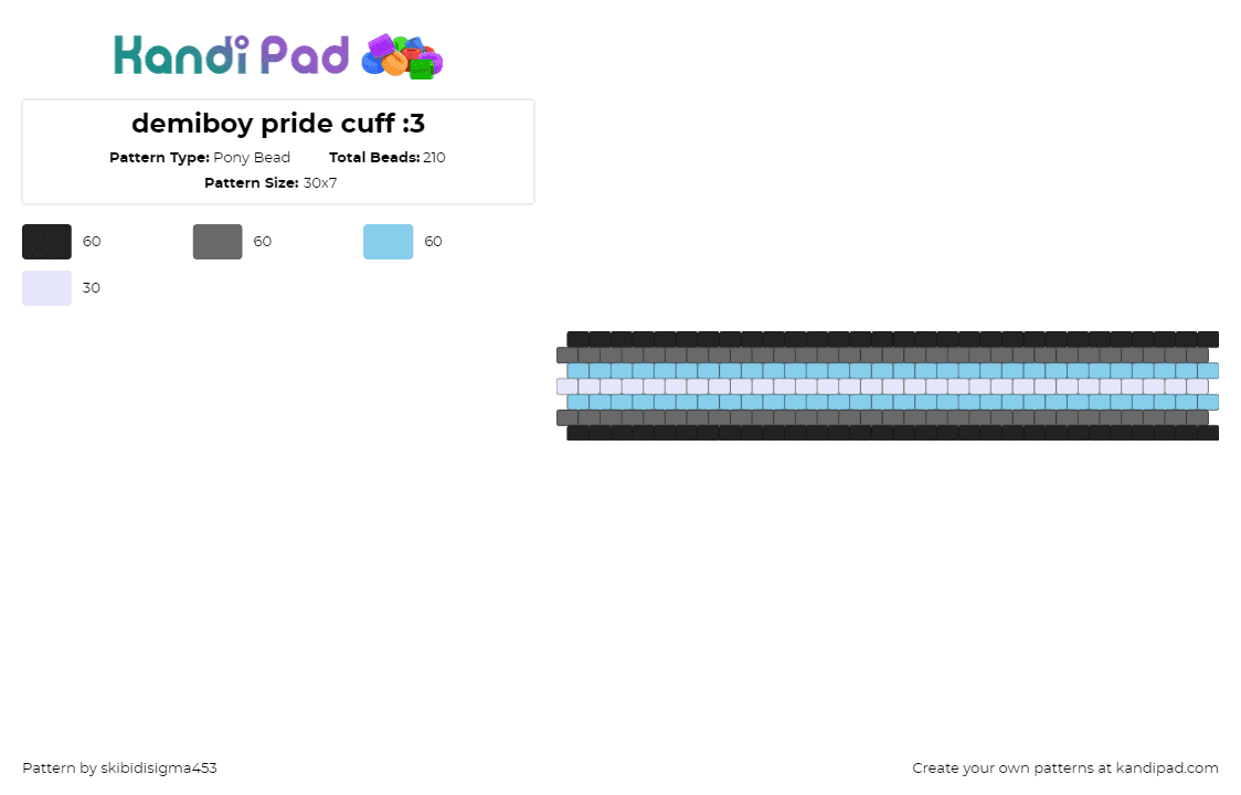 demiboy pride cuff :3 - Pony Bead Pattern by skibidisigma453 on Kandi Pad - demiboy,pride,cuff,gray,light blue