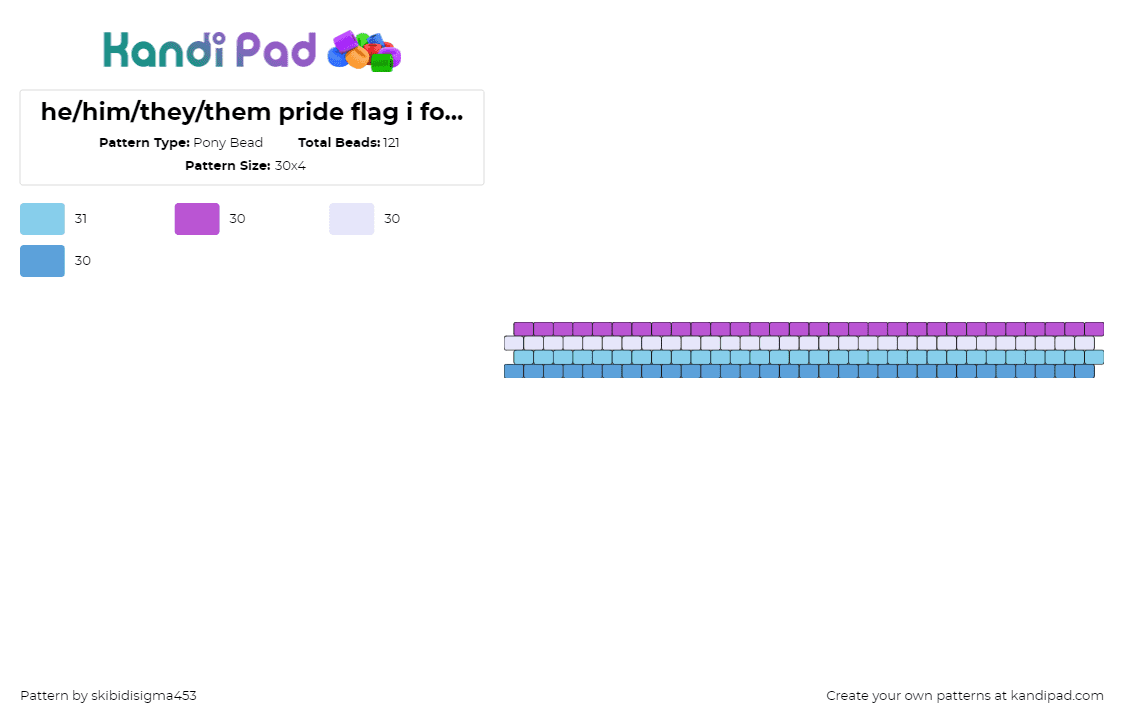 he/him/they/them pride flag i found on reddit so it isnt really a pride flag but yeah LMAO - Pony Bead Pattern by skibidisigma453 on Kandi Pad - pronouns,pride,bracelet,cuff,blue,purple