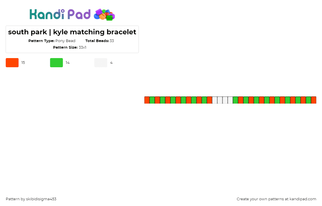 south park | kyle matching bracelet - Pony Bead Pattern by skibidisigma453 on Kandi Pad - kyle broflovski,south park,single,bracelet,animation,tv show,orange,green