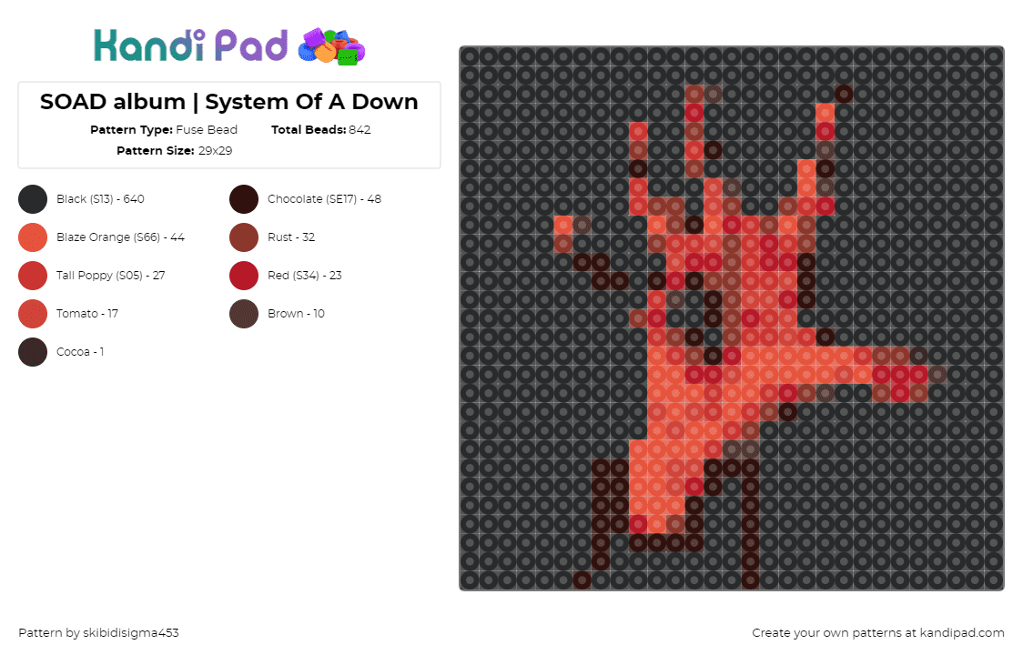 SOAD album | System Of A Down - Fuse Bead Pattern by skibidisigma453 on Kandi Pad - soad,system of a down,hand,album,music,metal,panel,band,black,red