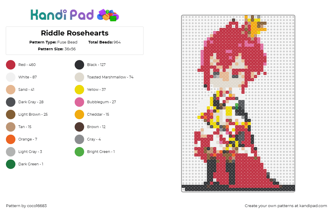 Riddle Rosehearts - Fuse Bead Pattern by coco16683 on Kandi Pad - riddle rosehearts,twisted wonderland,vibrant,magic,fantasy,touch,character,red