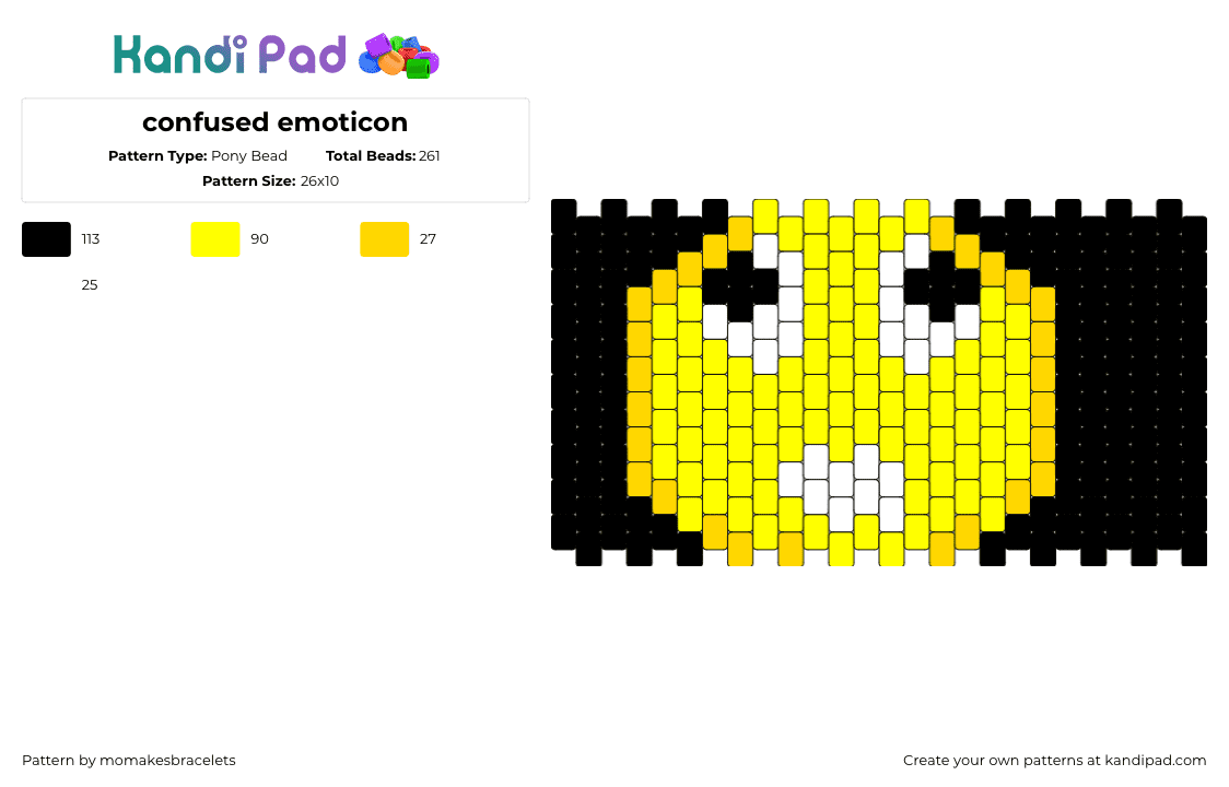 confused emoticon - Pony Bead Pattern by momakesbracelets on Kandi Pad - emoji,smiley,confused,cuff,black,yellow